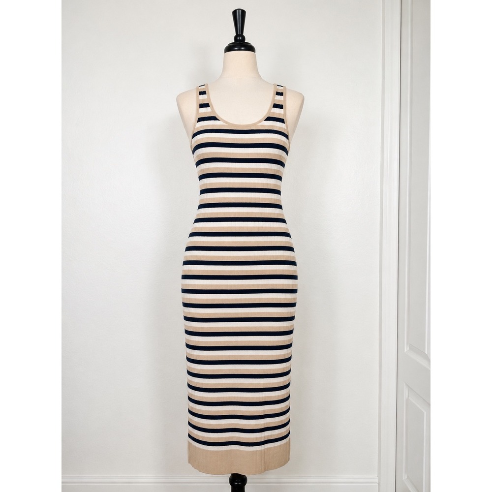Lucky Brand Womens Ribbed Knit Striped Midi Dress Tank Sheath Navy Tan White M
